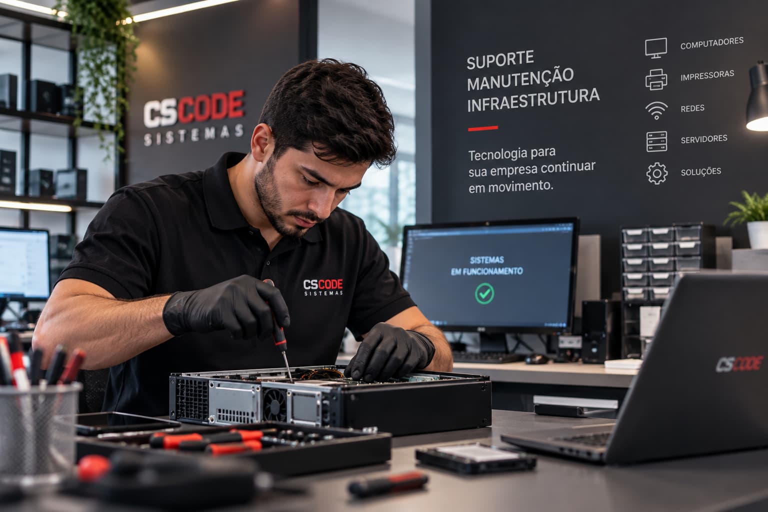 Técnico realizando manutenção em equipamento de informática